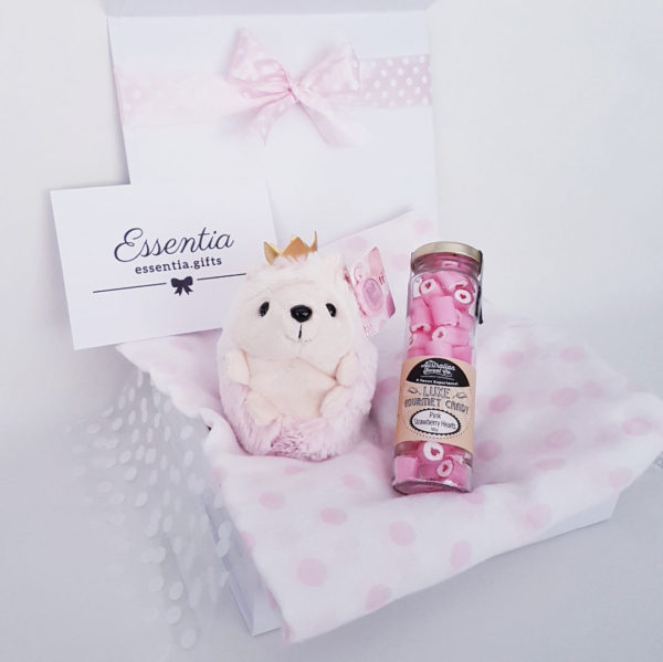 Personalised Gift Box Baby Candy Hearts Hedgehog Essentia